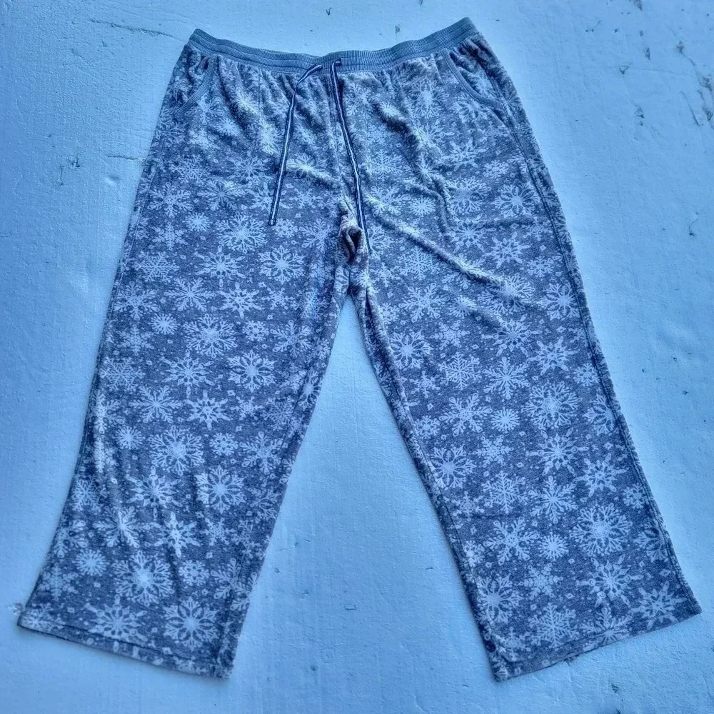 Nautica Women's Gray White Soft Velvet Snowflakes Drawstring Pajama Pants XXL